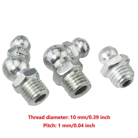 12 Pack Stainless Steel Grease Fittings Kit With 4 Straight, 4 90 Degree, And 4 45 Degree M8 Zerk Fittings, close-up view