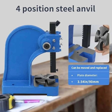 Super Sturdy Cast Iron Manual Arbor Press Featuring Legit One Ton Pressing Power With Slotted Anvil Bench Mounted Punch Stamp Rig For Serious Garage And Shop Tasks with 4-position steel anvil.