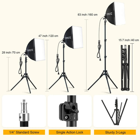 Dimensions and features of 2 Pack Professional Softbox Lighting Kit 16x16 Studio Lights with collapsible frame and accessories.