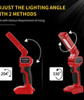 Two red adjustable cordless work lights showing 204° and 330° angle rotations for various usage needs.