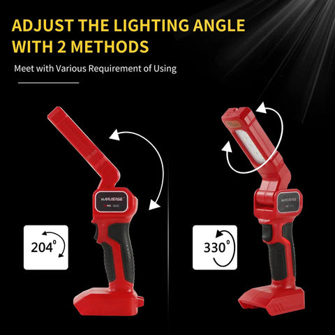 Two red adjustable cordless work lights showing 204° and 330° angle rotations for various usage needs.
