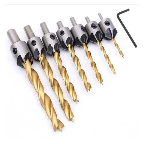 7-piece titanium-coated HSS countersunk drill bit set, 3–10 mm, with hex L-shaped wrench for woodworking.