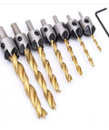 Top view of 7-piece Amazon milling cutter bits set, titanium-coated HSS drill bits with 3–10 mm round shanks and hex wrench