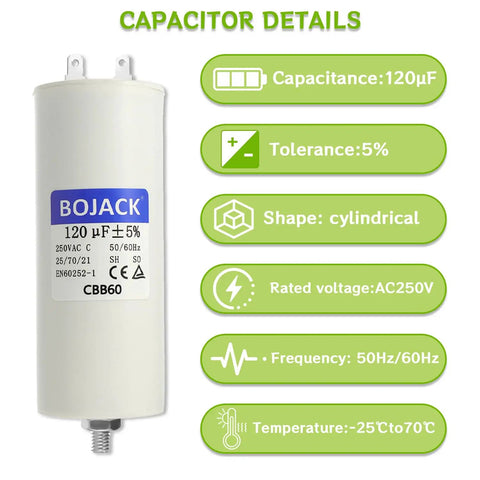 CBB60 120uF Capacitor 250V 50 60Hz Round Run Start AC Motor Capacitor With Nut And Double Insert for HVAC systems with specs