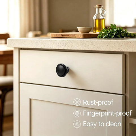 Slick Matte Black Cabinet Knobs Heavy Duty Zinc Alloy on kitchen drawer, smooth grip, easy install, rust-proof design.