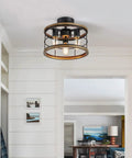 Vintage Farmhouse Semi Flush Mount Ceiling Light With Metal Cage, Industrial Style Kitchen Dining Hallway Fixture, Wood Grain Finish, For Living Room And Bedroom, Sturdy Black Metal Frame, Easy Install in a room view.