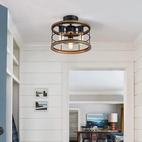 Vintage Farmhouse Semi Flush Mount Ceiling Light With Metal Cage, Industrial Style Kitchen Dining Hallway Fixture, Wood Grain Finish, For Living Room And Bedroom, Sturdy Black Metal Frame, Easy Install in a room view.