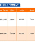 Vehicle fitment chart showing compatibility for Lexus ES300 1992-2003 and Toyota ES300 1999-2003, front use.