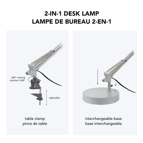 Black Accent Desk Lamp With Clamp Arm And Interchangeable Base, Architect Style Task Light, showing table clamp and base options.