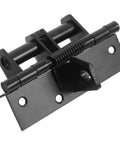 Black Four Inch Self Closing Door Hinge With 90 Degree Right Angle Dead Stop Bracket For Bulletproof Heavy Duty Cabinet and Smooth Quick Garage Install Project, close up view.