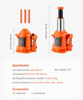 VEVOR 20T orange hydraulic bottle jack with 3-section handle; front/side views show 6.69–12.6 in lift range and three rods