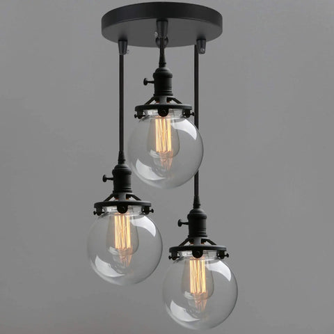 Three Light Industrial Cluster Pendant Ceiling Fixture With 5.9 Inch Clear Globe Shades In Black Finish For Foyer Entryway High Ceiling And Staircase Lighting E26 Bulbs Up To 40W Compatible Sleek Dope Modern Vibe