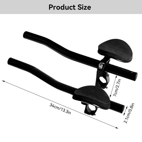 Clip On Aero Bar For Road Bikes Aluminum Alloy Armrest Handlebars With Removable Sponge Pads No Fuss Install Ergonomic Clip On Relaxation Bar For TT Triathlon Racing Comfort And Control, showing product size and dimensions of 34cm length and 7cm width.