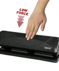 Low-Force No-Fuss 3-Hole Punch For 20-Sheet Capacity, Heavy-Duty Desktop Paper Punch with Squeeze Handle in use, black