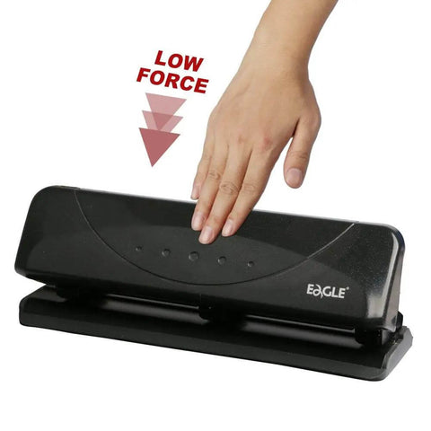 Low-Force No-Fuss 3-Hole Punch For 20-Sheet Capacity, Heavy-Duty Desktop Paper Punch with Squeeze Handle in use, black
