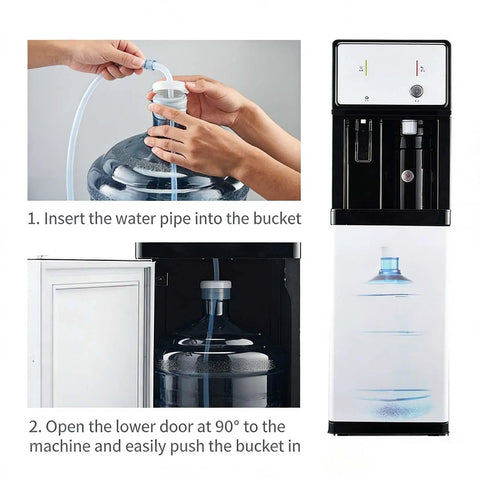 Bottom Loading Floor Standing Water Dispenser With Three Temperature Settings, demonstrating easy water pipe insertion and bucket loading.