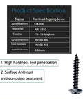 Diagram showing product specifications for flat head tapping screw, highlighting high hardness, anti-rust, and anti-corrosion features.
