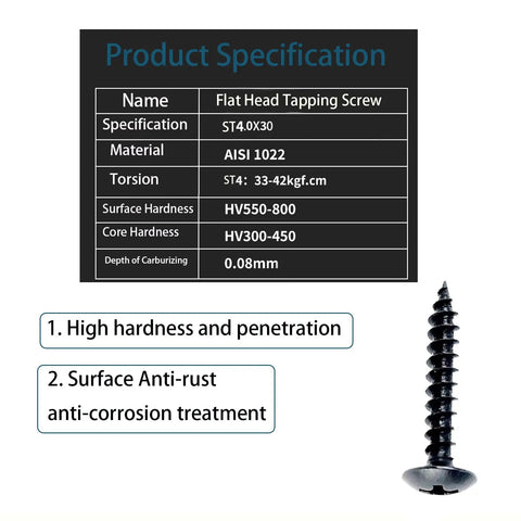 Diagram showing product specifications for flat head tapping screw, highlighting high hardness, anti-rust, and anti-corrosion features.