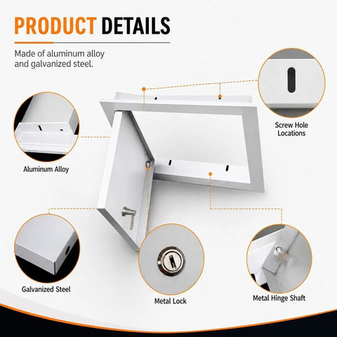 Solid Aluminum Access Panel With Key Lock For Drywall And Ceilings showing detailed metal lock, aluminum alloy, and galvanized steel construction.