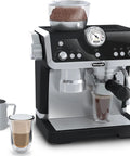 Casdon De'Longhi La Specialista toy espresso machine, black/silver with portafilter, coffee hopper, milk pitcher, glass.