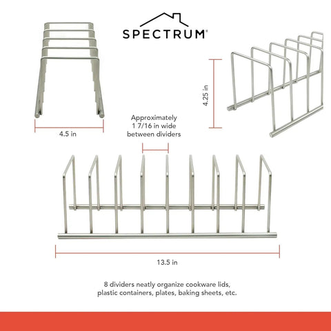 Heavy Duty Metal Kitchen Organizer Featuring An Eight Slot Cutting Board Holder Stand For Countertop Or Cabinet Setup That Hits Different When You Need To Knock Out Clutter And Keep Counters Slick In Satin Nickel, dimensions shown.