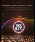 Next Level Drip Coffee Maker With Built In Grinder, Digital Display And Adjustable Brew Strength showing intelligent 92°C brewing temperature.