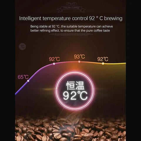 Next Level Drip Coffee Maker With Built In Grinder, Digital Display And Adjustable Brew Strength showing intelligent 92°C brewing temperature.