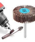 Top Quality 10 Piece Aluminum Oxide Flap Wheel Set For Drill With Metal Shank Sander, 100mm wheel, ideal for wood and metal applications.