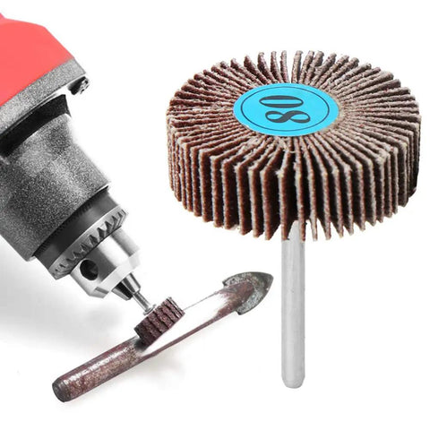 Top Quality 10 Piece Aluminum Oxide Flap Wheel Set For Drill With Metal Shank Sander, 100mm wheel, ideal for wood and metal applications.