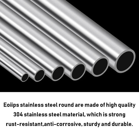 Diagonal view of five 3/4 in OD 304 stainless steel round tubes, 9.8 in long