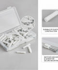 100 Piece White PP Drywall Anchor and Screw Kit with Self Tapping M3x25 plugs for hollow walls displayed in open box