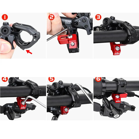 Installation steps for Universal Shift Brake Lever Adapter With Integrated Shifter Brakes Mount for various bike models.
