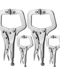 4 Pack Heavy Duty C Clamp Locking Clamps With 6 Inch And 11 Inch Tips, Swivel Pads, Quick Trigger Release, Chrome Vanadium Alloy Build, Built To Last For Your Home Workshop And Craft Projects That Grip Odd Shapes Tight, four silver clamps