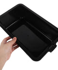 Sturdy Plastic Oil Change Pan With Wide Mouth For Effortless Draining And Recycling Of Engine Oil In Cars And Commercial Trucks For Easy Maintenance, held in hand.