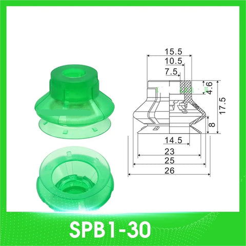 Top Notch 3 Piece Industrial Pneumatic Manipulator Vacuum Suction Cup Set SPB1 Series green suction cup with dimensions, wear resistant design.