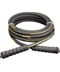 Heavy Duty High Pressure Hydraulic Hose 20 Feet Long 1/4 Inch Inner Diameter 3/8 Inch NPTF Fittings Black Steel Wire Braided Crimped On Strain Relief Built Tough For Real World Fluid Power Jobs coiled