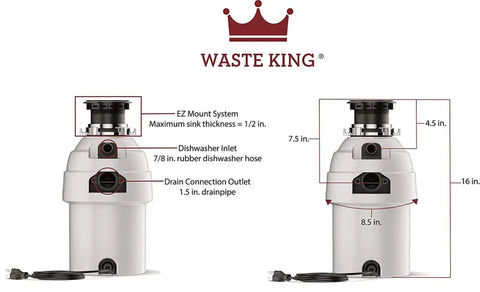 Dimensions of Ultra Fast Kitchen Garbage Disposal With Power Cord For No Fuss Install, Quiet 2,800 RPM Food Waste Disposer.