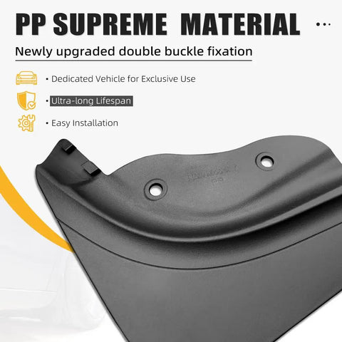 Next Gen Tesla Model Y Mud Flaps Splash Guards Set of 4 Fits 2025 and 2026 Models, black PP material with double buckle fixation.