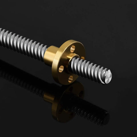 Close-up of 4Pcs T8 Leadscrew Kit with brass nut and stainless steel rod for 3D printers and CNC machines