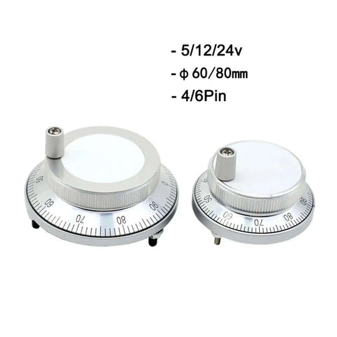 Pulse Generator Hand Wheel For CNC Machines 5V 12V 24V 6 Pin With 100 Pulse Rotary Encoder Manual Pulse Wheel 60mm Or 80mm Size Rock Solid CNC Control Hand Wheel For Precise Jogging And Setup 24V 4 Pin 100 Pulse Compatible showing two silver dials with measurement markings