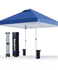 10 By 10 Pop Up Canopy Tent With Sand Weight Bag Freestanding Sun Shelter For Picnic And Camping No Sweat One Person Setup And Height Adjustable Durable Steel Frame Easy Setup With Central Button No Pinch Height Adjust Quick Shade Blue setup with frame and storage bag