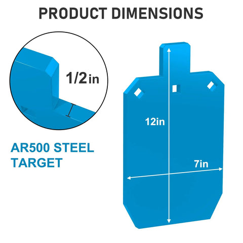 Torso Silhouette Steel Target For Shooting, One Half Inch AR500 Steel, Laser Cut 7 By 12 Inch Blue Target dimensions shown