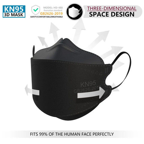 KN95 Face Masks 50 Pack for Adults and Teens, Disposable Black Masks With Breathable Comfort, 3D space design shown