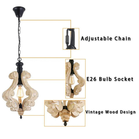 Rustic Farmhouse Pendant Light With Adjustable Height showcasing vintage wood design and E26 bulb socket, kitchen decor