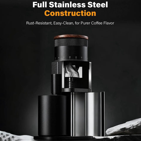 Game Changer Burr Coffee Grinder With Single Dose Design And Super Quiet Dc Motor showcasing stainless steel construction.