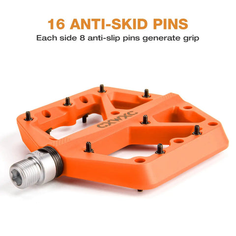 Ultra Lightweight Mountain Bike Pedals With Grippy Traction For Trail And BMX Rides Platform Pedals Nine Sixteenth Inch Axle Nylon Fiber Build Durable And Lightweight Orange with 16 anti-skid pins