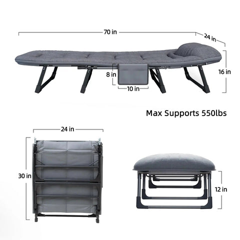 Go To Adjustable Folding Camping Cot With Mattress For Indoor And Outdoor Use 70 inch long, steel frame, supports 550 lbs