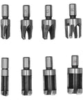Heavy Duty 8 Piece Carbon Steel Wood Plug Drill Bit Set With Hella Sharp Spiral Hole Cutters To Knock Out Clean Plugs For Furniture Repair And Weekend Warriors 8 drill bits in various sizes.