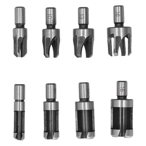 Heavy Duty 8 Piece Carbon Steel Wood Plug Drill Bit Set With Hella Sharp Spiral Hole Cutters To Knock Out Clean Plugs For Furniture Repair And Weekend Warriors 8 drill bits in various sizes.