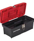 Lockable 16 Inch Tool Box With Portable Tray, Comfort Grip Handle, Front Metal Latch, Red And Black, Keeps Your Gear Safe